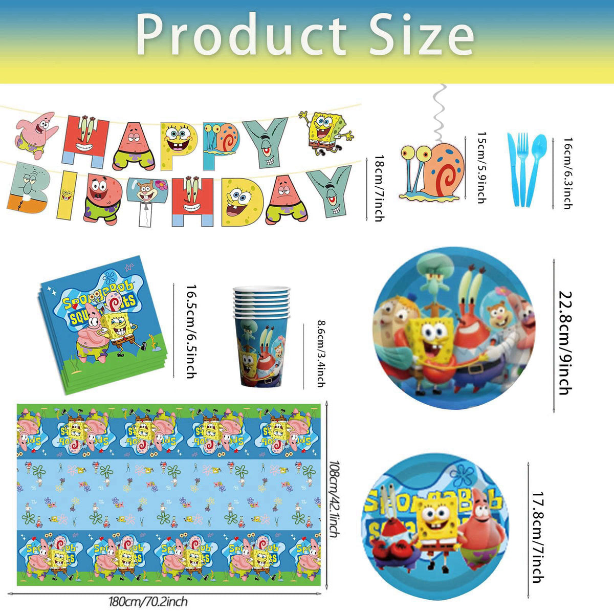 ZyNolimt 118 Pcs SpongeBob Birthday Party Supplies Set, anime Theme: 1Banner, 20Cups, 6Hanging Swirls, 30(Spoons+Forks+K