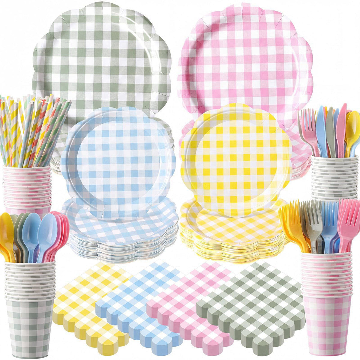 Widecook 450 Pcs Gingham Tableware Set, Serve 50, Pastel – product photo (Plates)