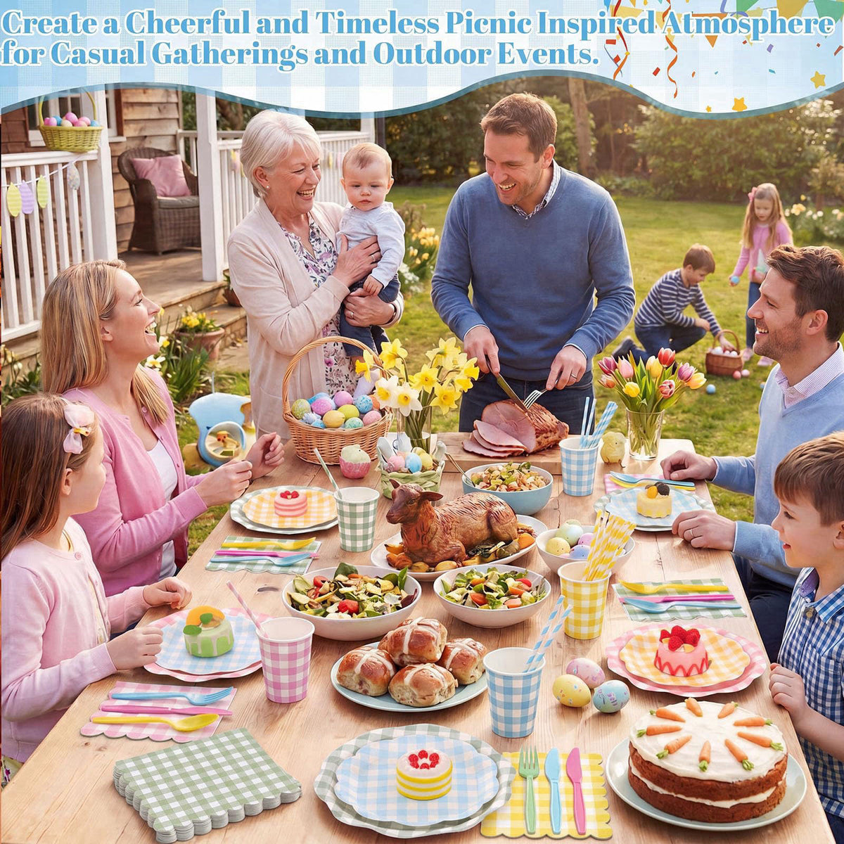 Widecook 450 Pcs Gingham Tableware Set, Serve 50, Pastel – close-up detail