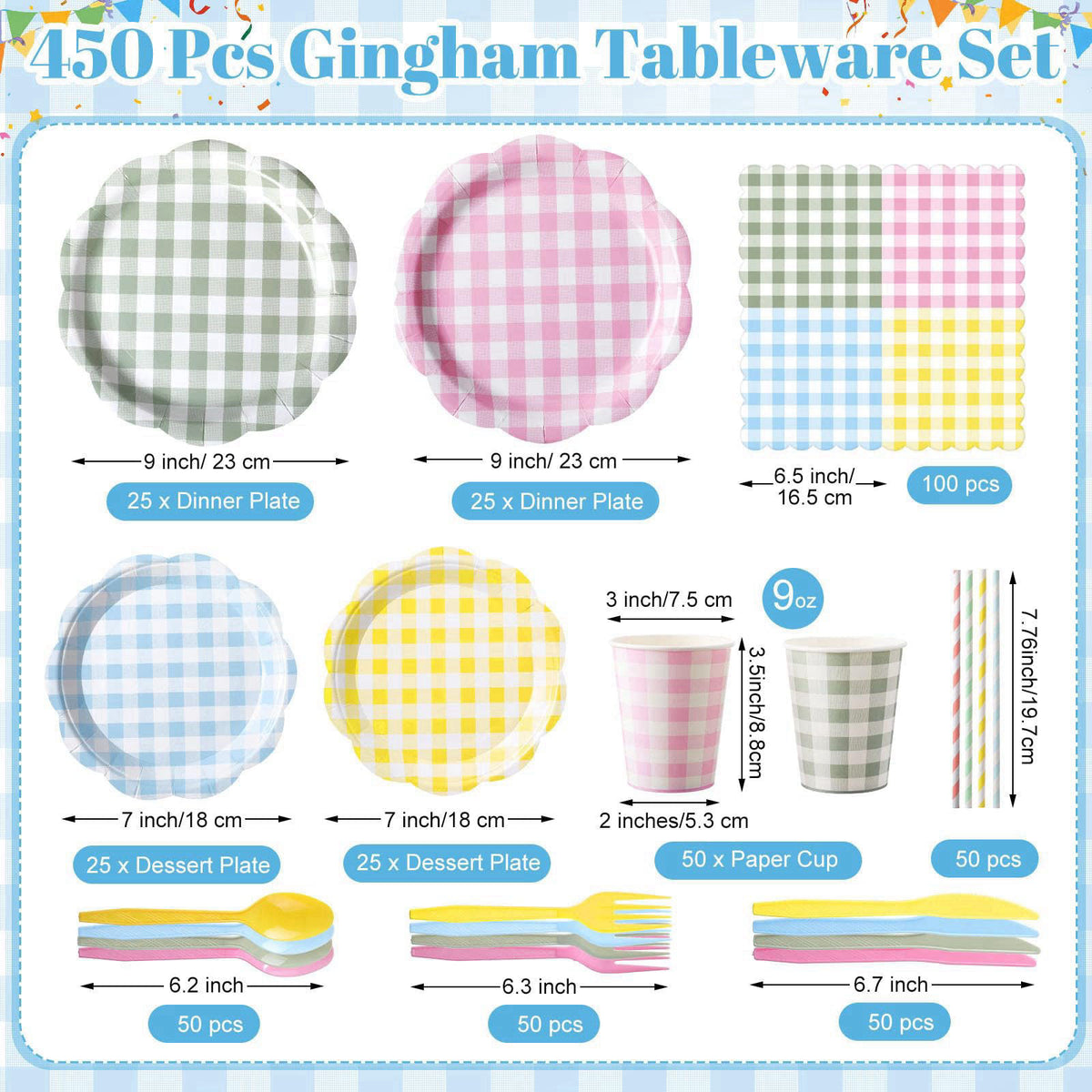 Widecook 450 Pcs Gingham Tableware Set, Serve 50, Pastel – packaging and label