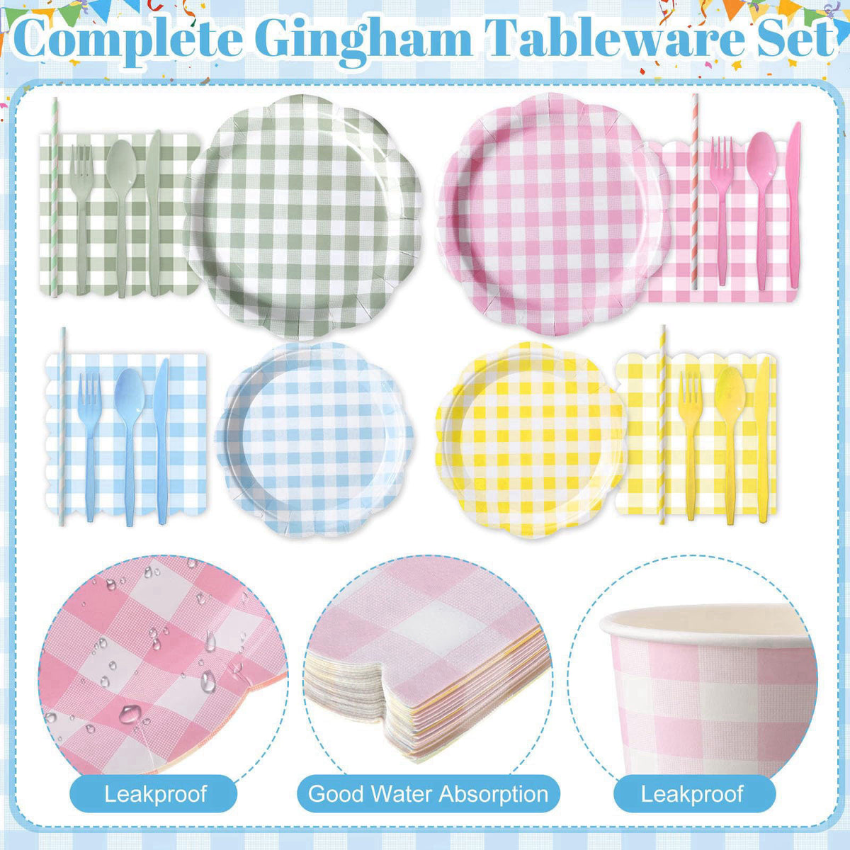 Widecook 450 Pcs Gingham Tableware Set, Serve 50, Pastel – full view