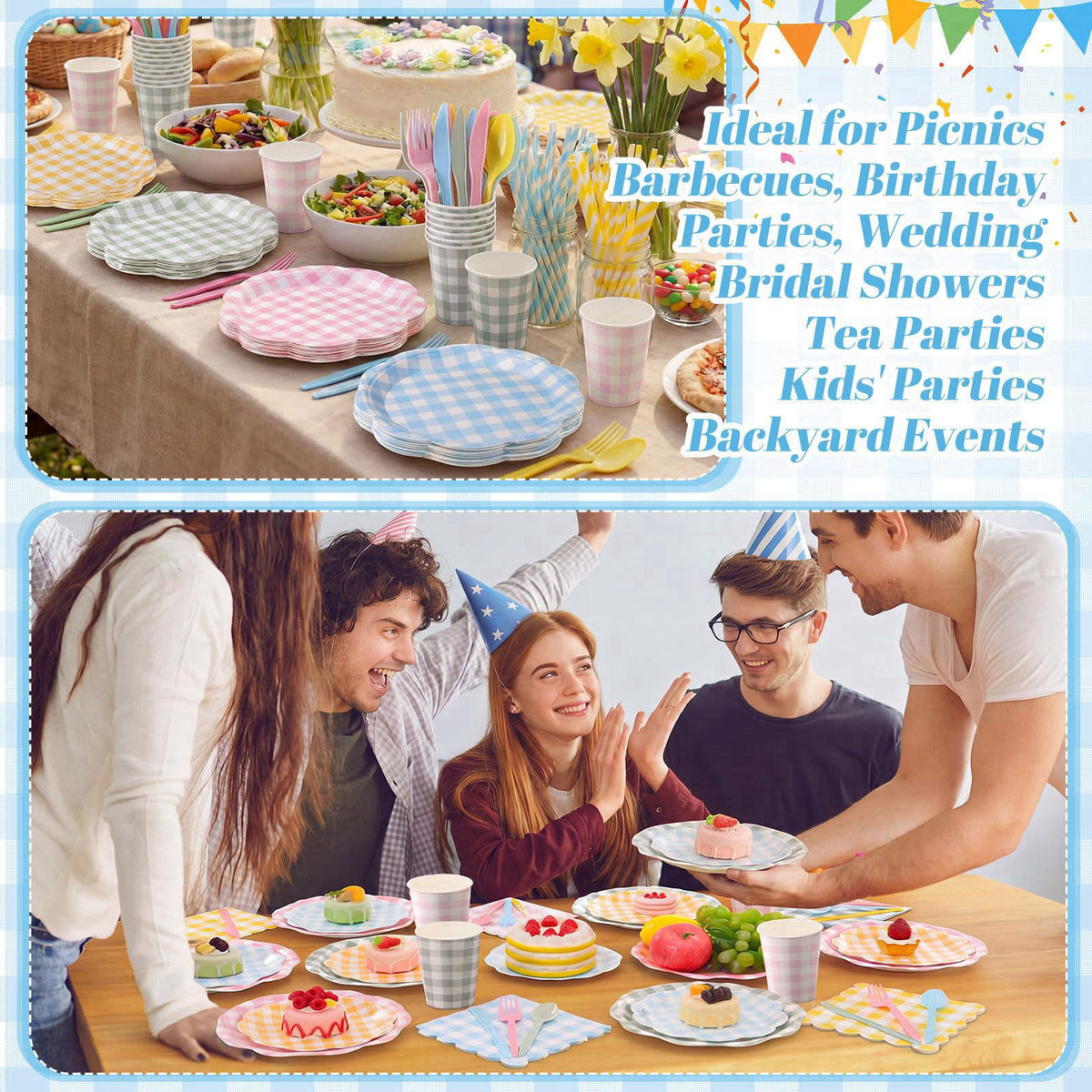 Widecook 450 Pcs Gingham Tableware Set, Serve 50, Pastel – back view and specifications