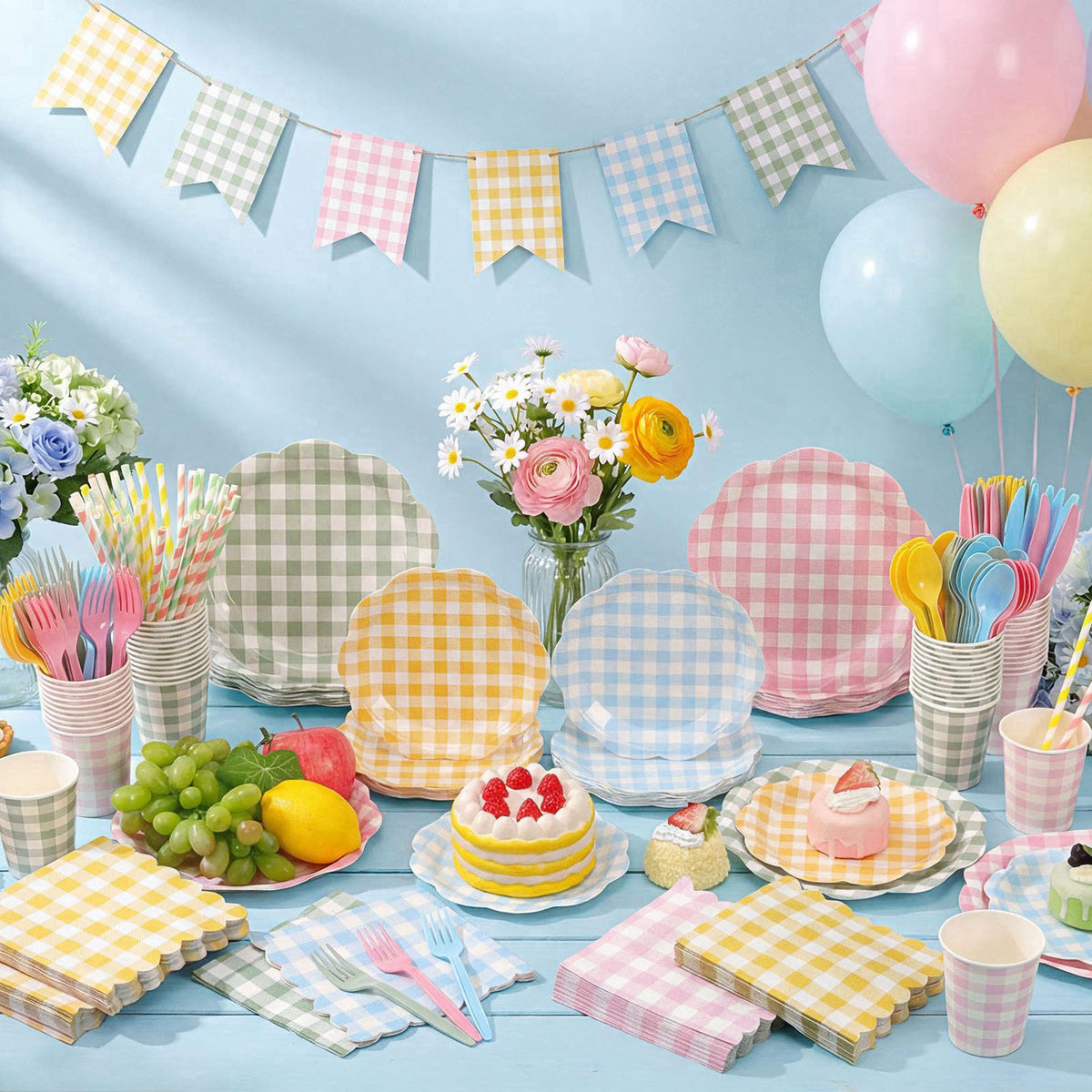 Widecook 450 Pcs Gingham Tableware Set, Serve 50, Pastel – alternate angle
