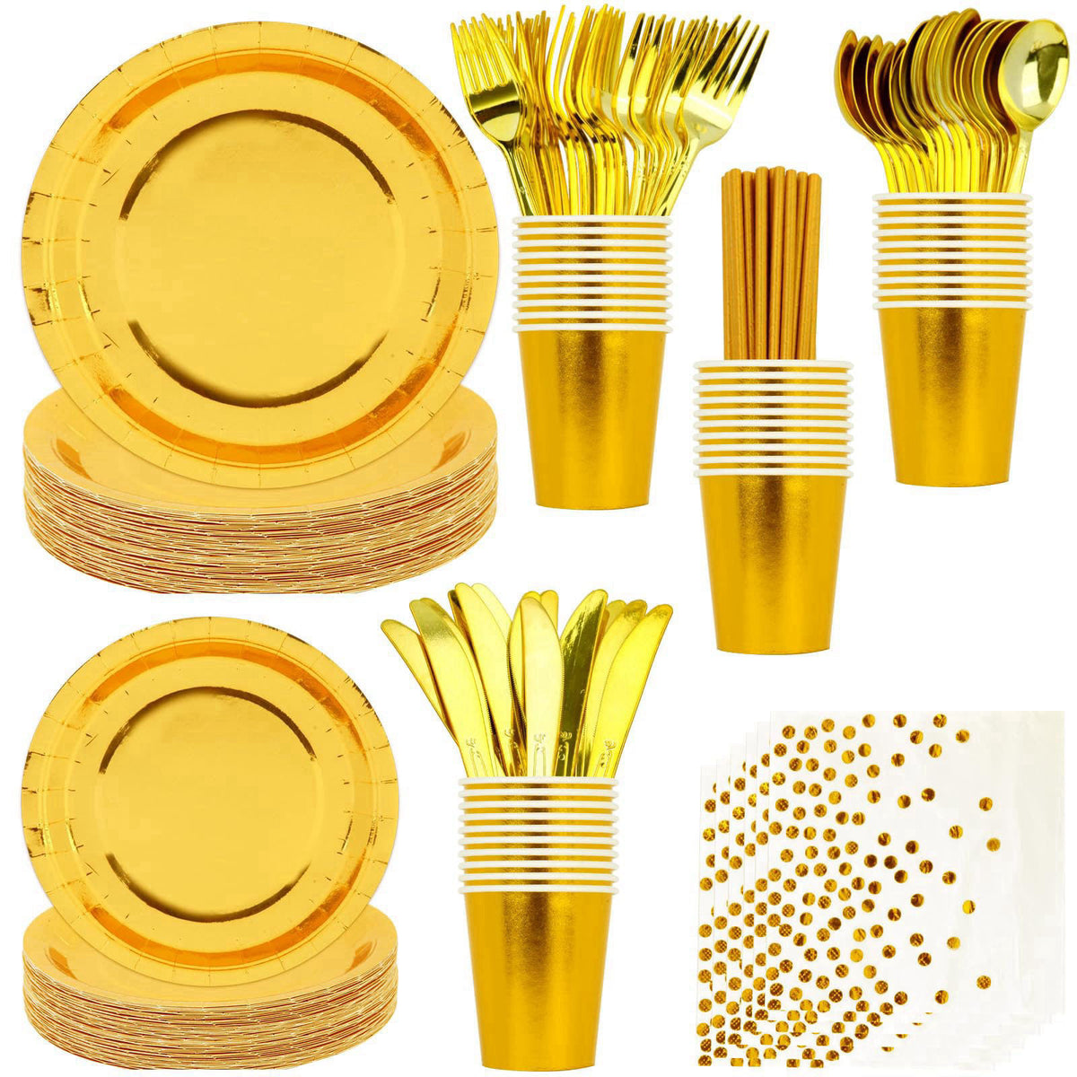 VYLURIXX 200 PCS Gold Disposable Party Supplies, Disposable Party Tableware Set with Gold Paper Plates, Paper Cups, Napk