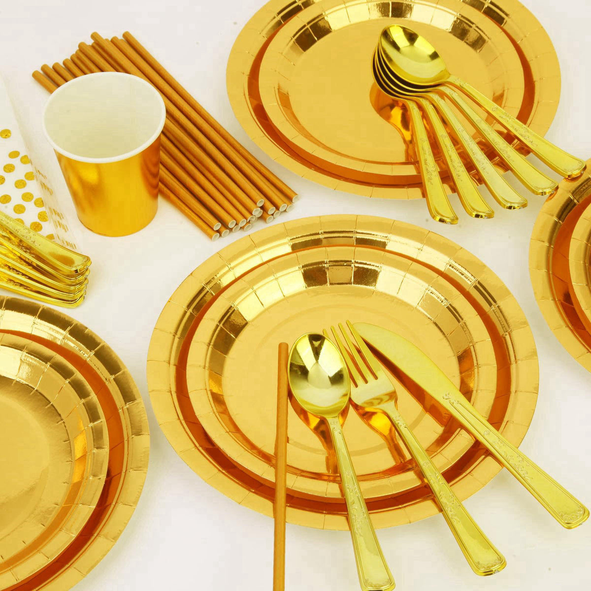VYLURIXX 200 PCS Gold Disposable Party Supplies, Disposable Party Tableware Set with Gold Paper Plates, Paper Cups, Napk