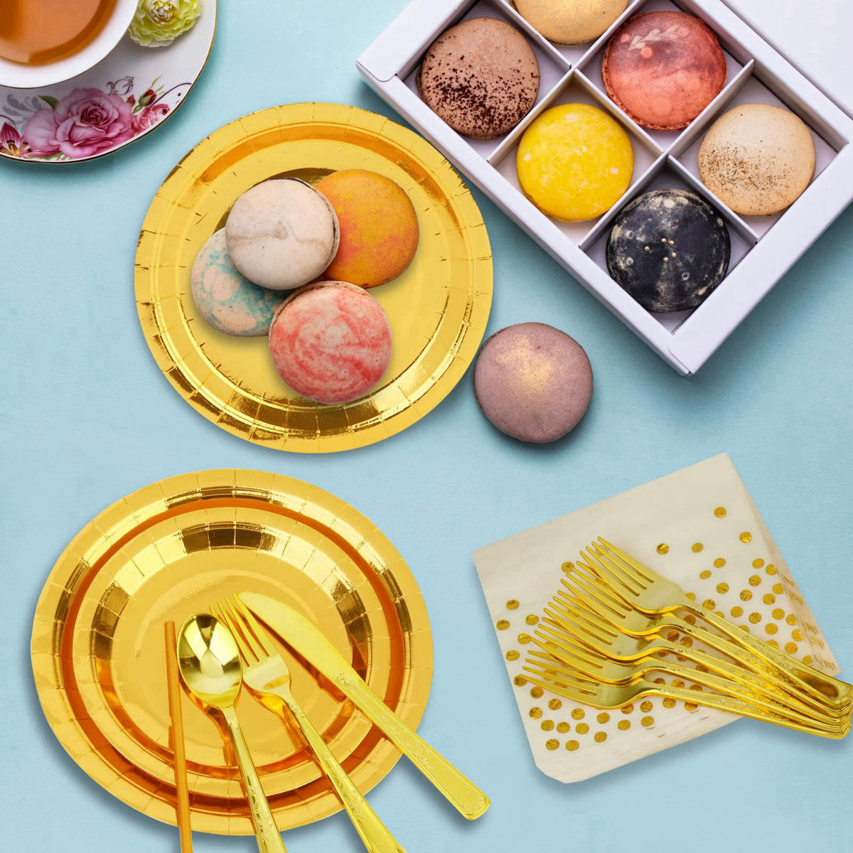 VYLURIXX 200 PCS Gold Disposable Party Supplies, Disposable Party Tableware Set with Gold Paper Plates, Paper Cups, Napk