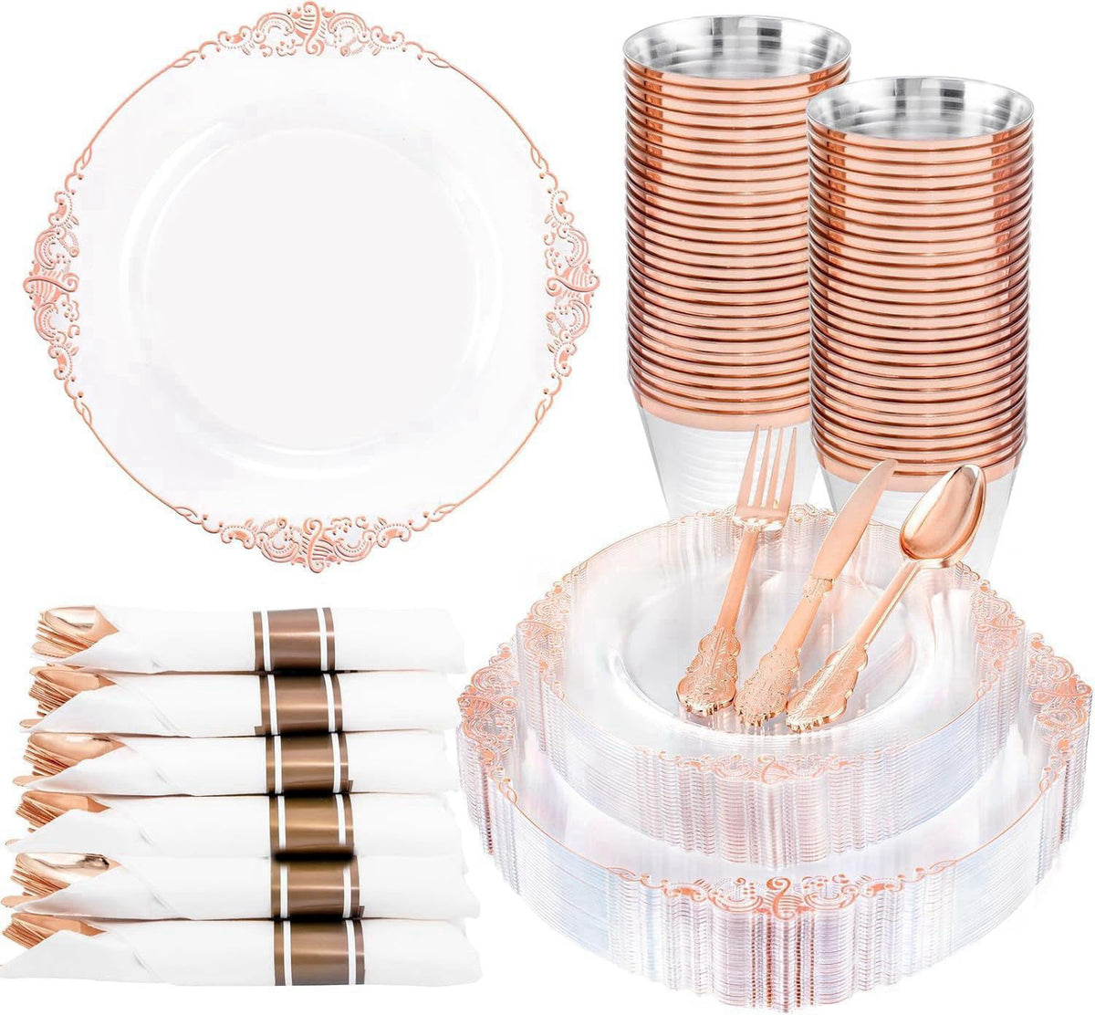 Nervure 175Pcs Rose Gold Plates, Disposable Party Plates for 25 Guests – product photo (Plates)