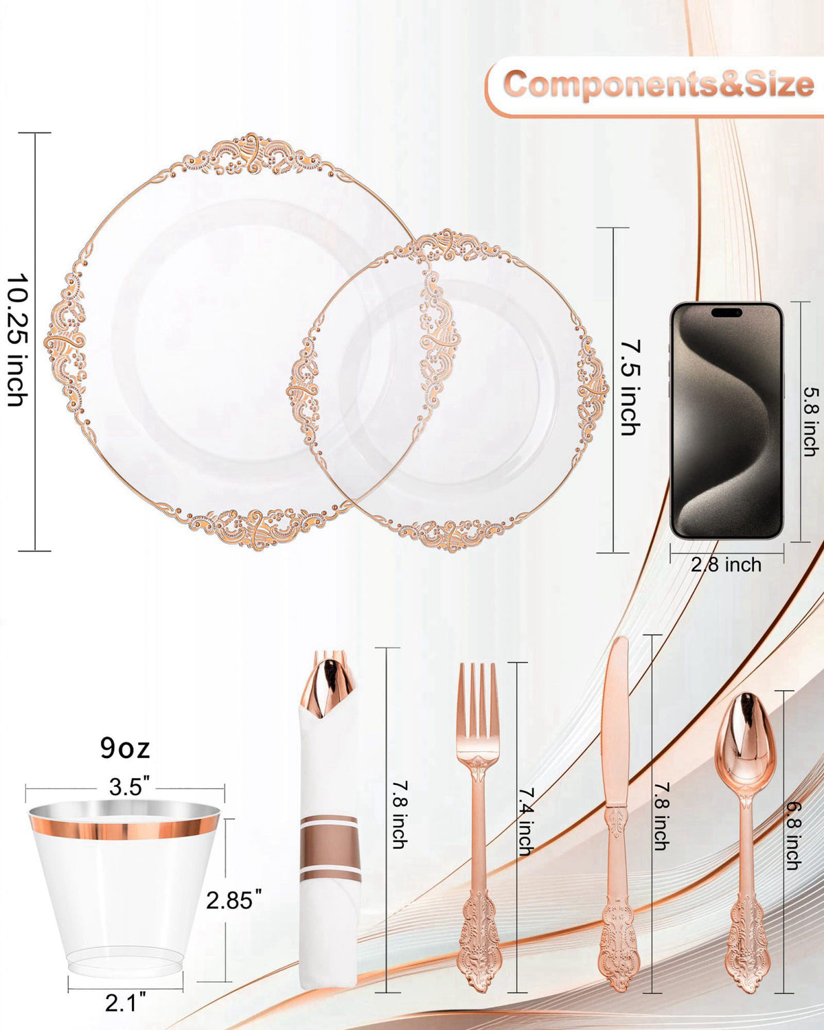 Nervure 175Pcs Rose Gold Plates, Disposable Party Plates for 25 Guests – packaging and label