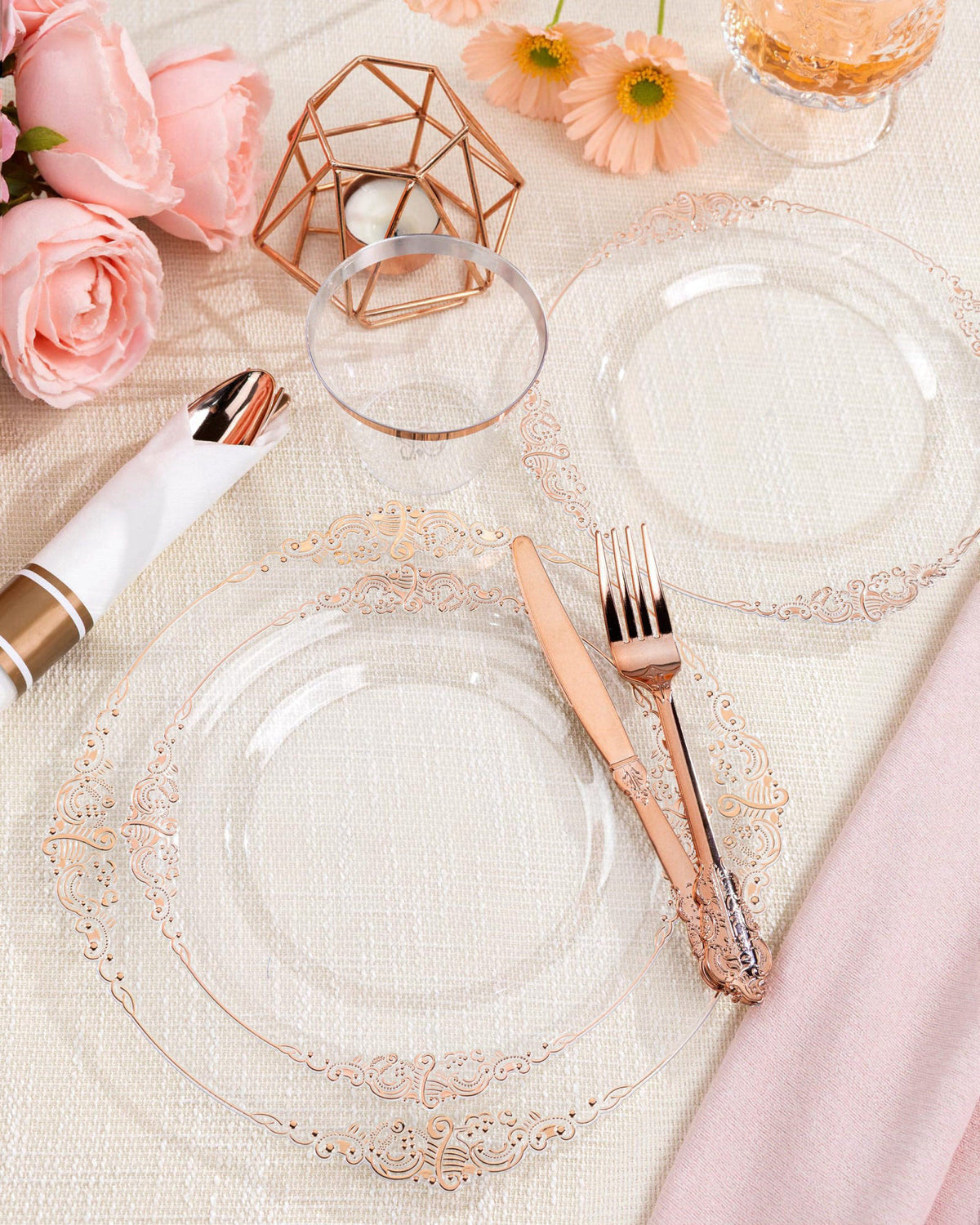 Nervure 175Pcs Rose Gold Plates, Disposable Party Plates for 25 Guests – back view and specifications