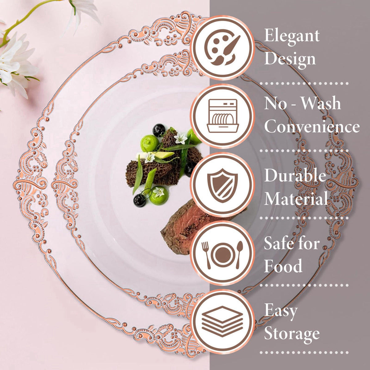 Nervure 175Pcs Rose Gold Plates, Disposable Party Plates for 25 Guests – alternate angle