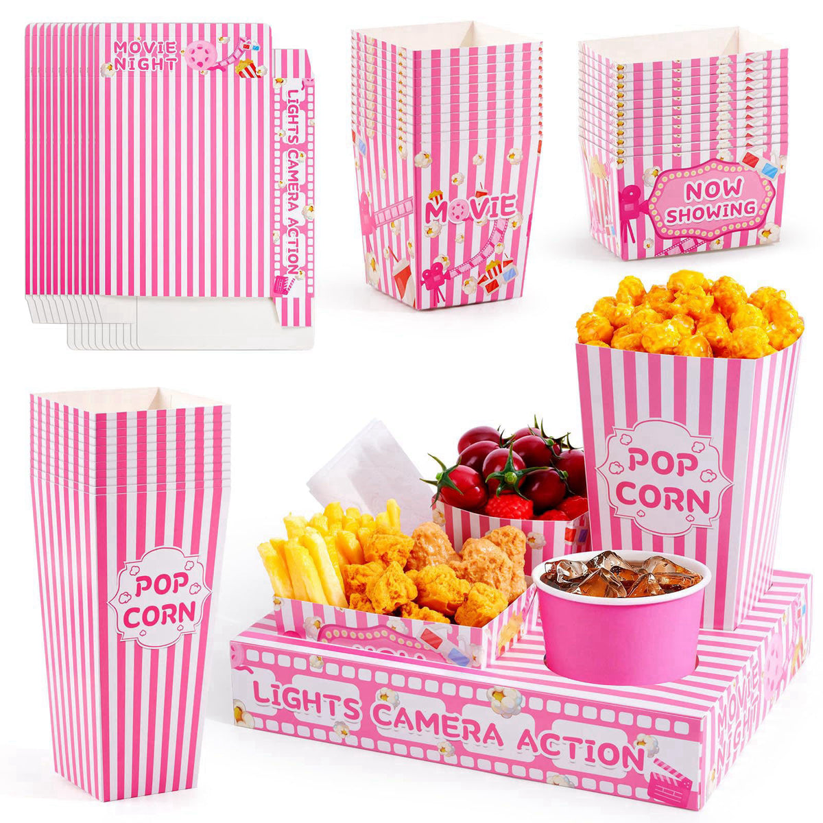 ARQRHTLY 48 Pcs Pink Movie Night Party Supplies Snack Popcorn Trays – product photo (Serving Trays)