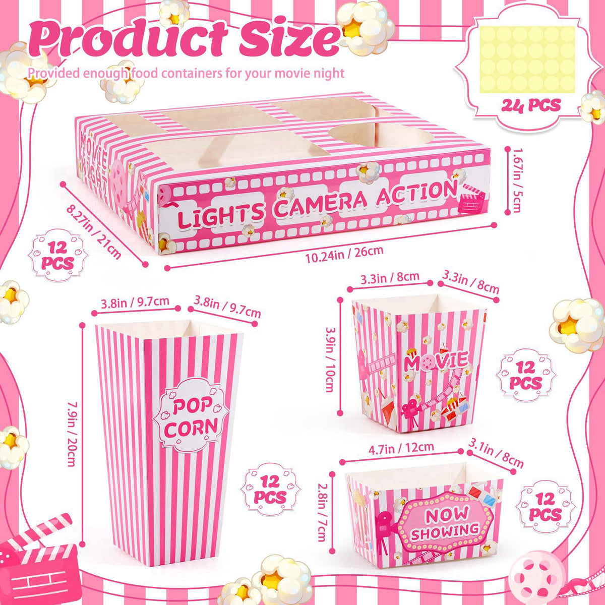 ARQRHTLY 48 Pcs Pink Movie Night Party Supplies Snack Popcorn Trays – packaging and label