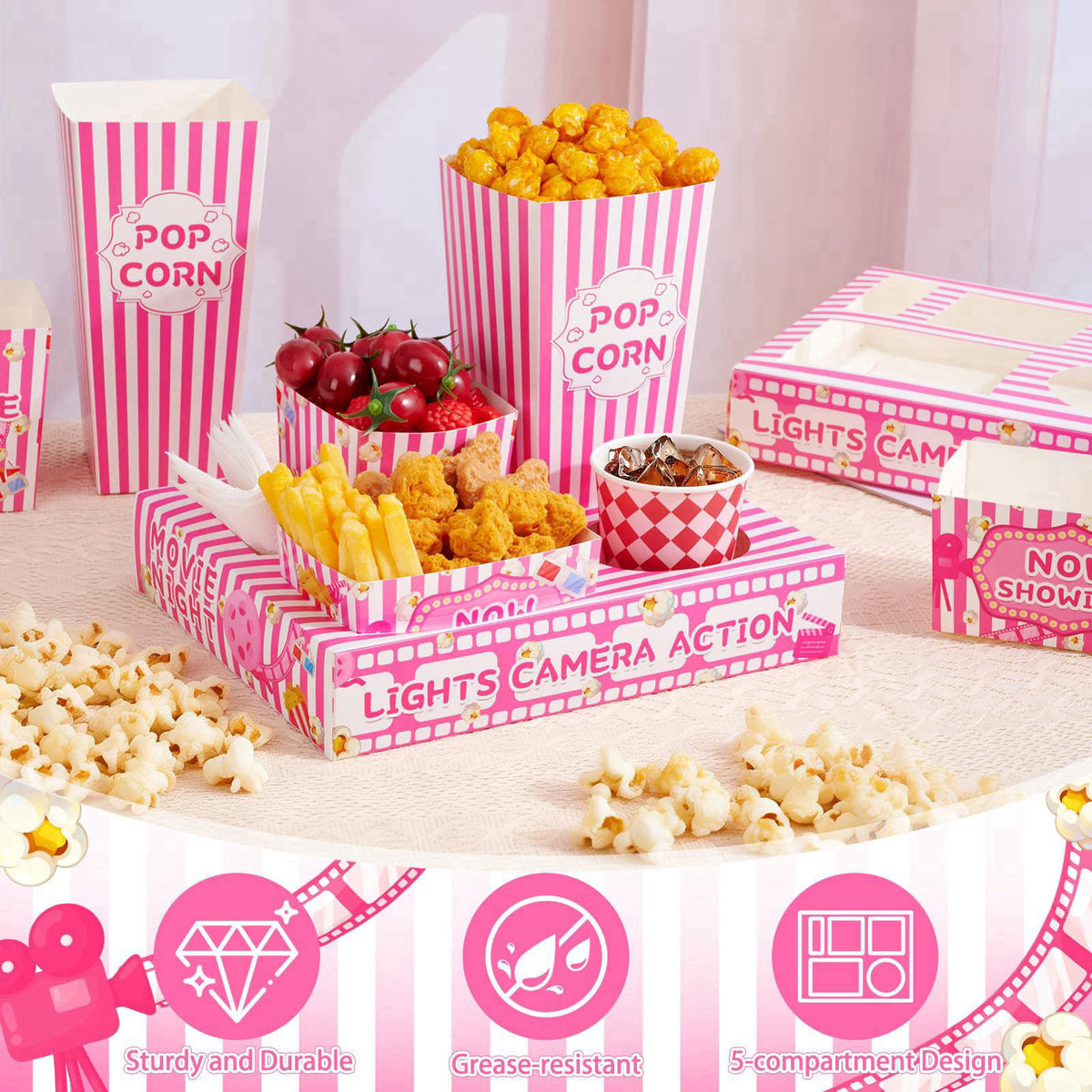 ARQRHTLY 48 Pcs Pink Movie Night Party Supplies Snack Popcorn Trays – back view and specifications