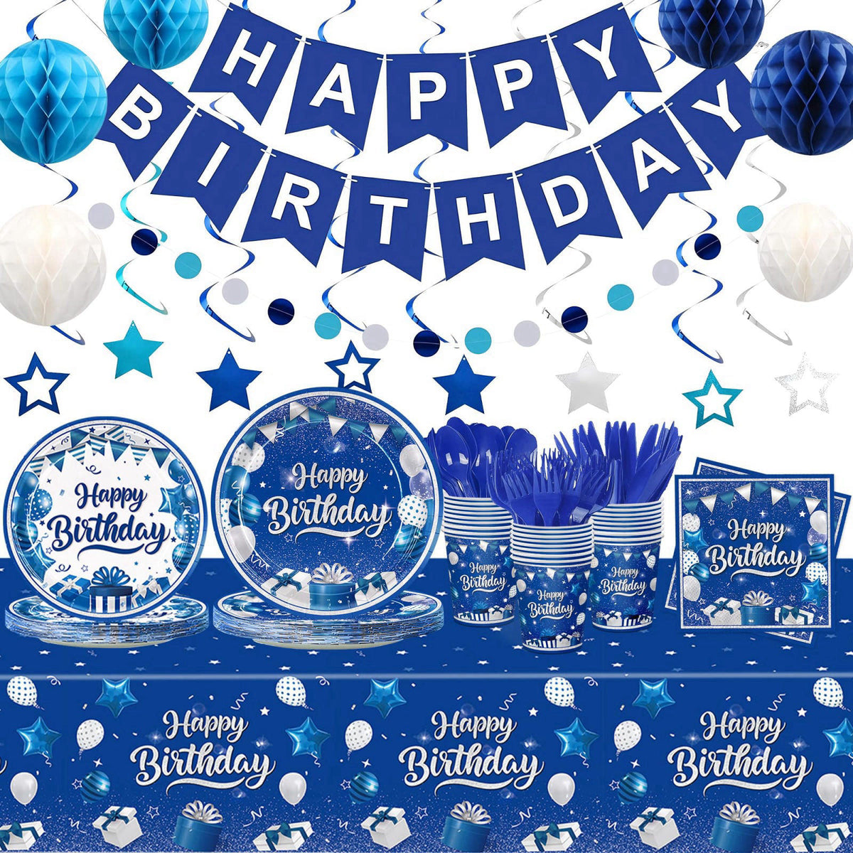 JVORFDG 185pcs Happy Birthday Decorations Blue and Silver Plates Napkins