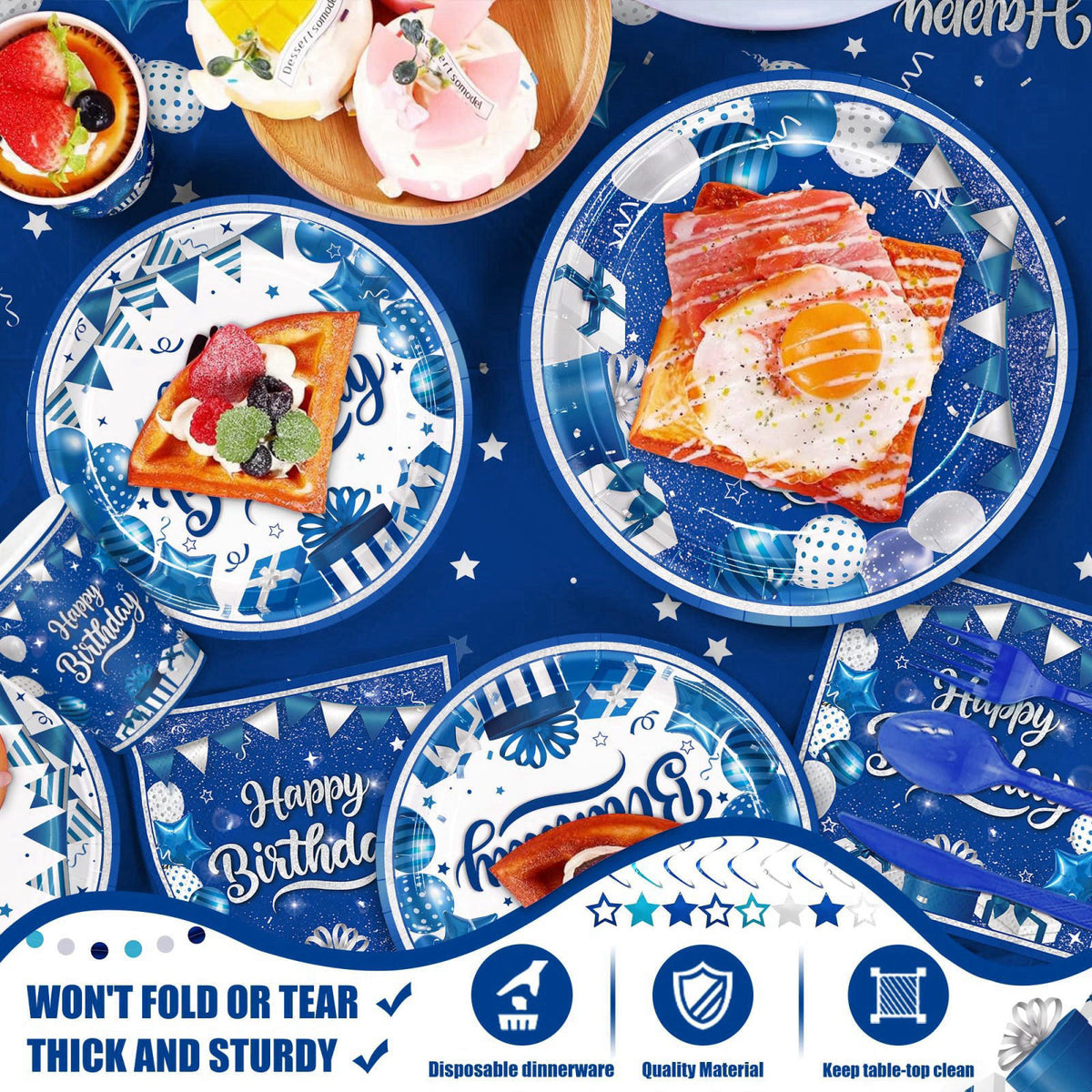JVORFDG 185pcs Happy Birthday Decorations Blue and Silver Plates Napkins – close-up detail