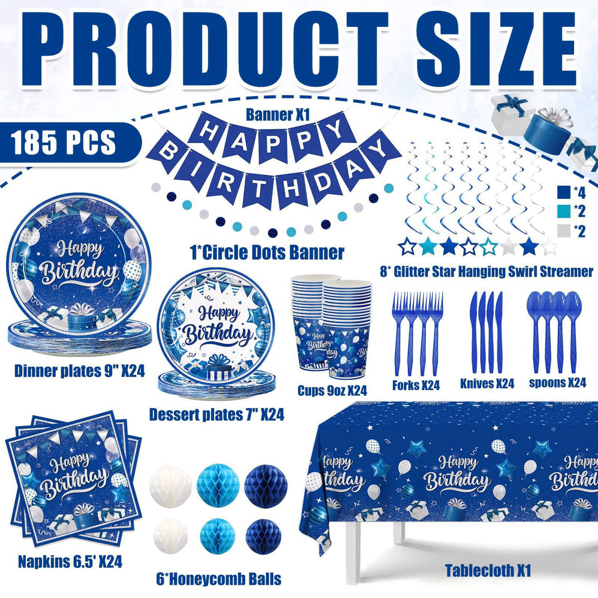 JVORFDG 185pcs Happy Birthday Decorations Blue and Silver Plates Napkins – packaging and label