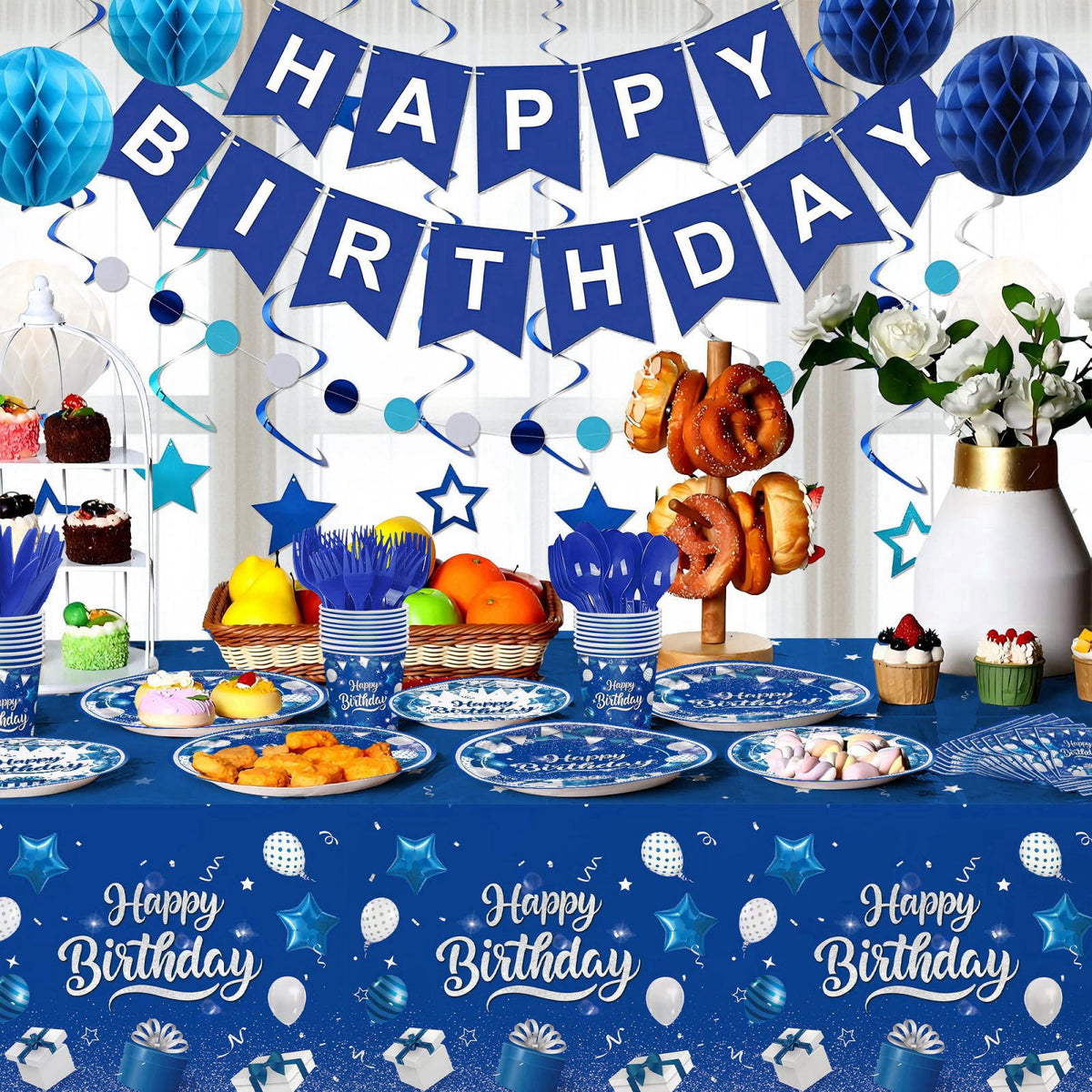 JVORFDG 185pcs Happy Birthday Decorations Blue and Silver Plates Napkins – full view