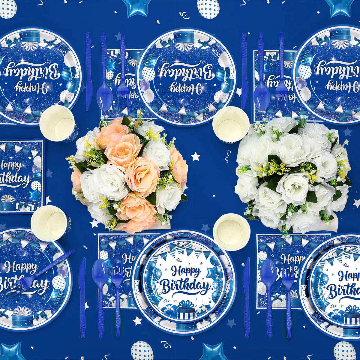 JVORFDG 185pcs Happy Birthday Decorations Blue and Silver Plates Napkins – back view and specifications
