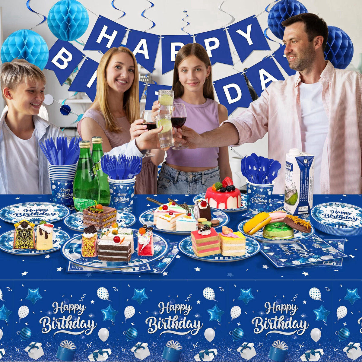 JVORFDG 185pcs Happy Birthday Decorations Blue and Silver Plates Napkins – alternate angle
