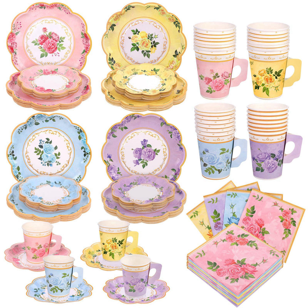Kochorie 96 Piece Floral Paper Tea Cups and Saucers 9 Oz Teacup with Handle 9 Inch and 7 Inch Paper Plate Napkin Disposa