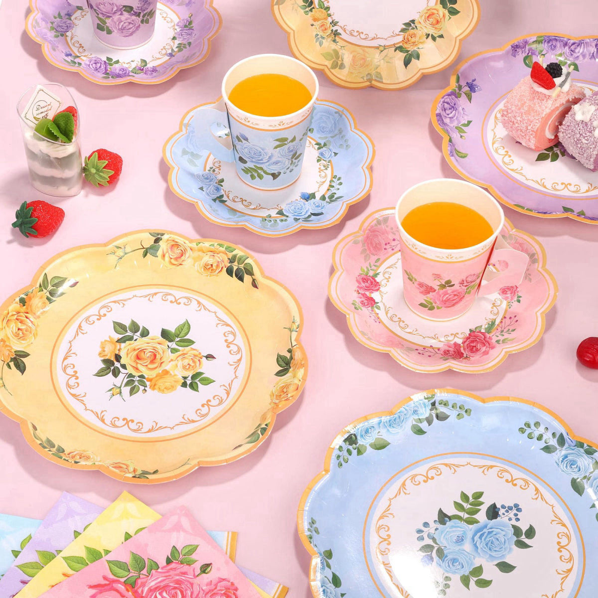 Kochorie 96 Piece Floral Paper Tea Cups and Saucers 9 Oz Teacup with Handle 9 Inch and 7 Inch Paper Plate Napkin Disposa