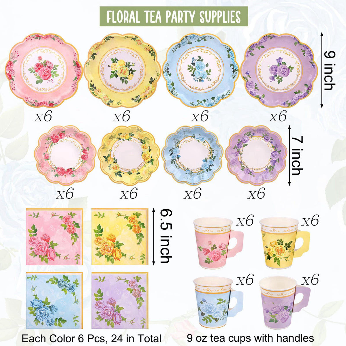 Kochorie 96 Piece Floral Paper Tea Cups and Saucers 9 Oz Teacup with Handle 9 Inch and 7 Inch Paper Plate Napkin Disposa