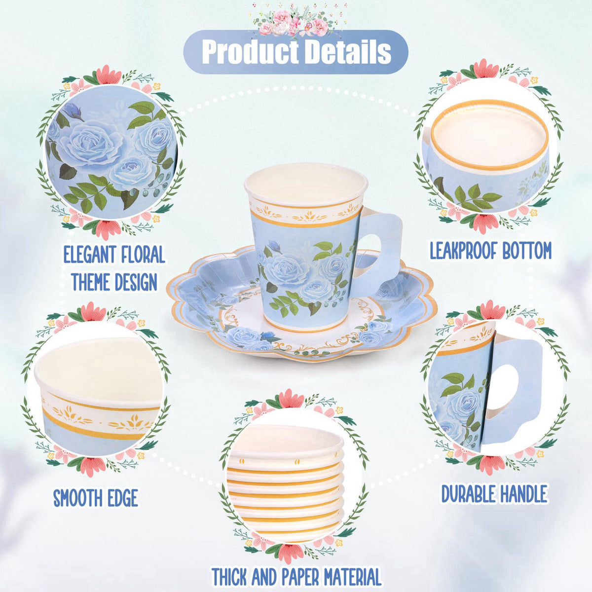 Kochorie 96 Piece Floral Paper Tea Cups and Saucers 9 Oz Teacup with Handle 9 Inch and 7 Inch Paper Plate Napkin Disposa