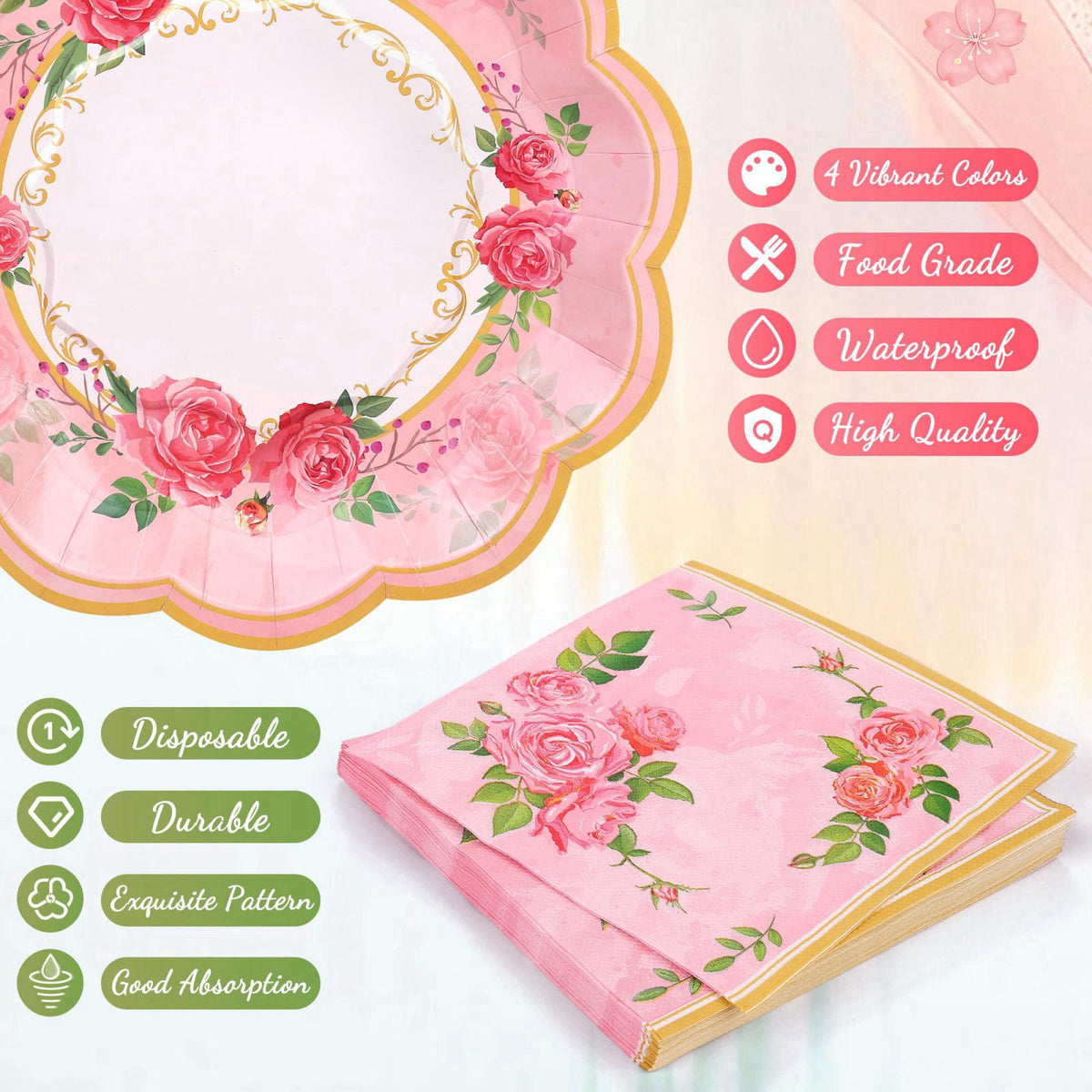 Kochorie 96 Piece Floral Paper Tea Cups and Saucers 9 Oz Teacup with Handle 9 Inch and 7 Inch Paper Plate Napkin Disposa