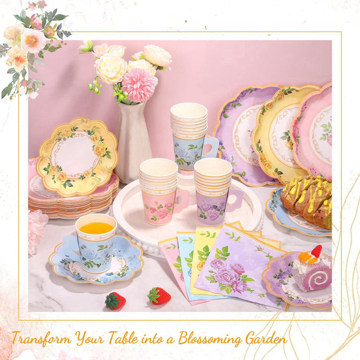 Kochorie 96 Piece Floral Paper Tea Cups and Saucers 9 Oz Teacup with Handle 9 Inch and 7 Inch Paper Plate Napkin Disposa