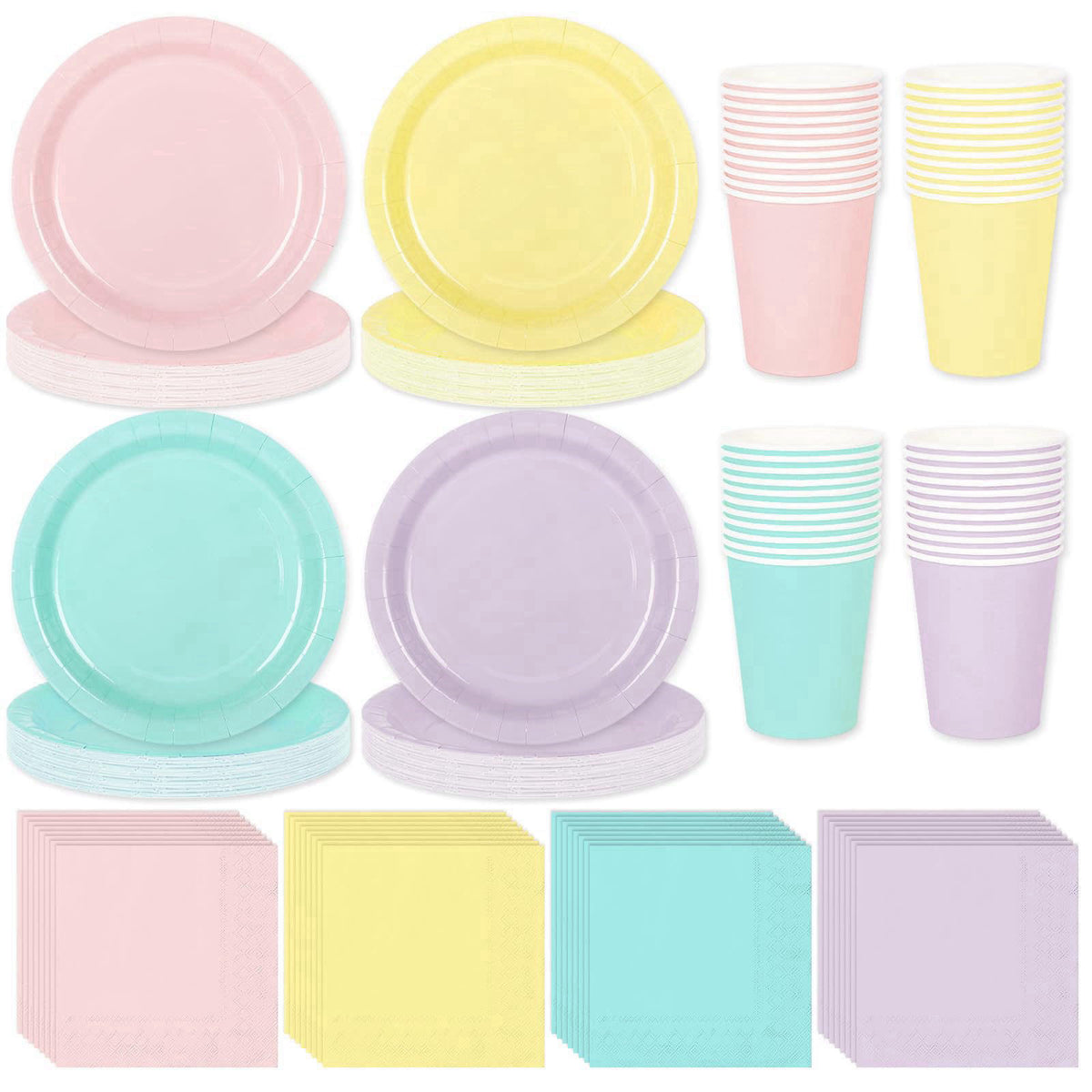 Whaline 244Pcs Pastel Rainbow Tableware Set Serves 48 4 Colors Disposable Dinnerware 48 9" Plates 48 7" Plate 48