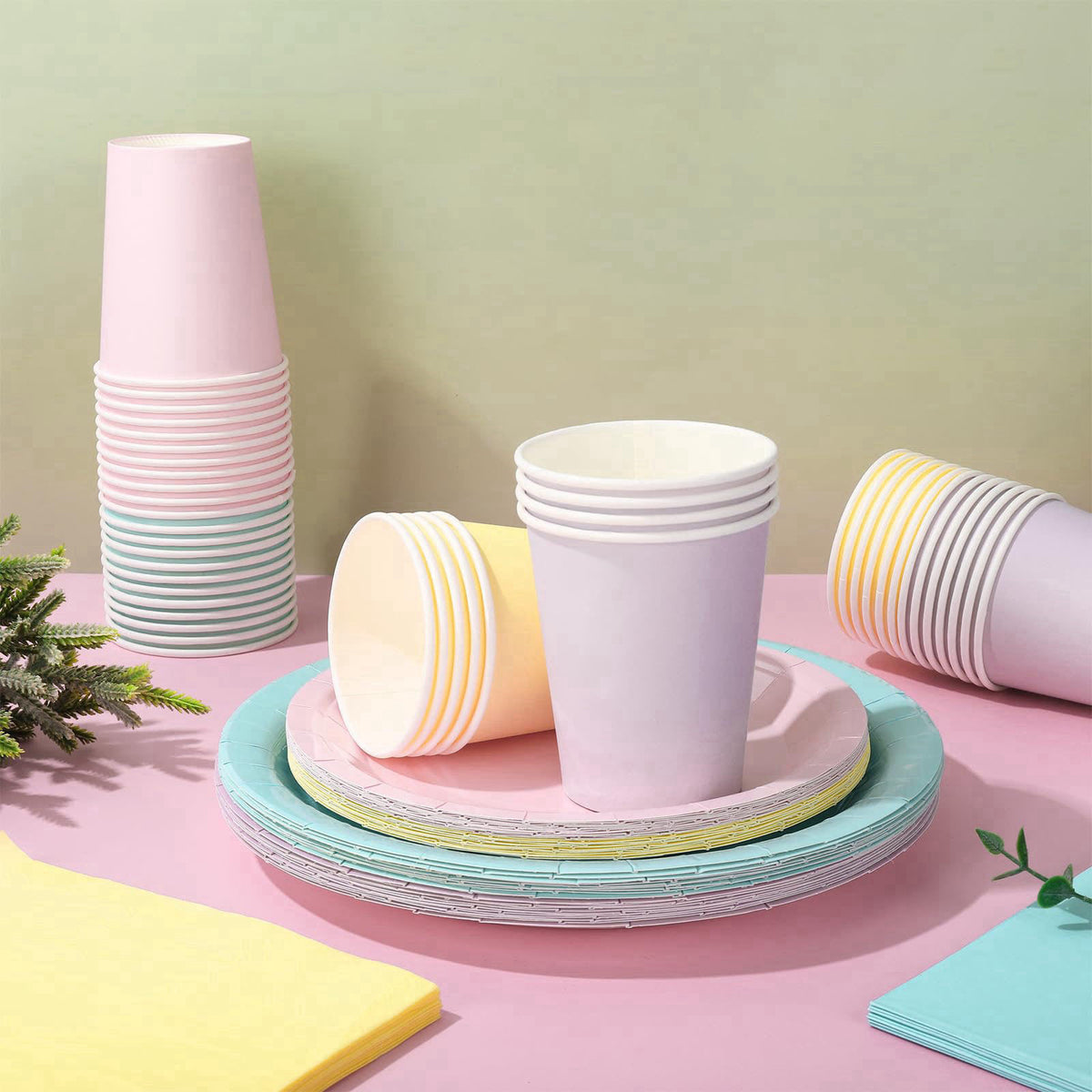 Whaline 244Pcs Pastel Rainbow Tableware Set Serves 48 4 Colors Disposable Dinnerware 48 9" Plates 48 7" Plate 48