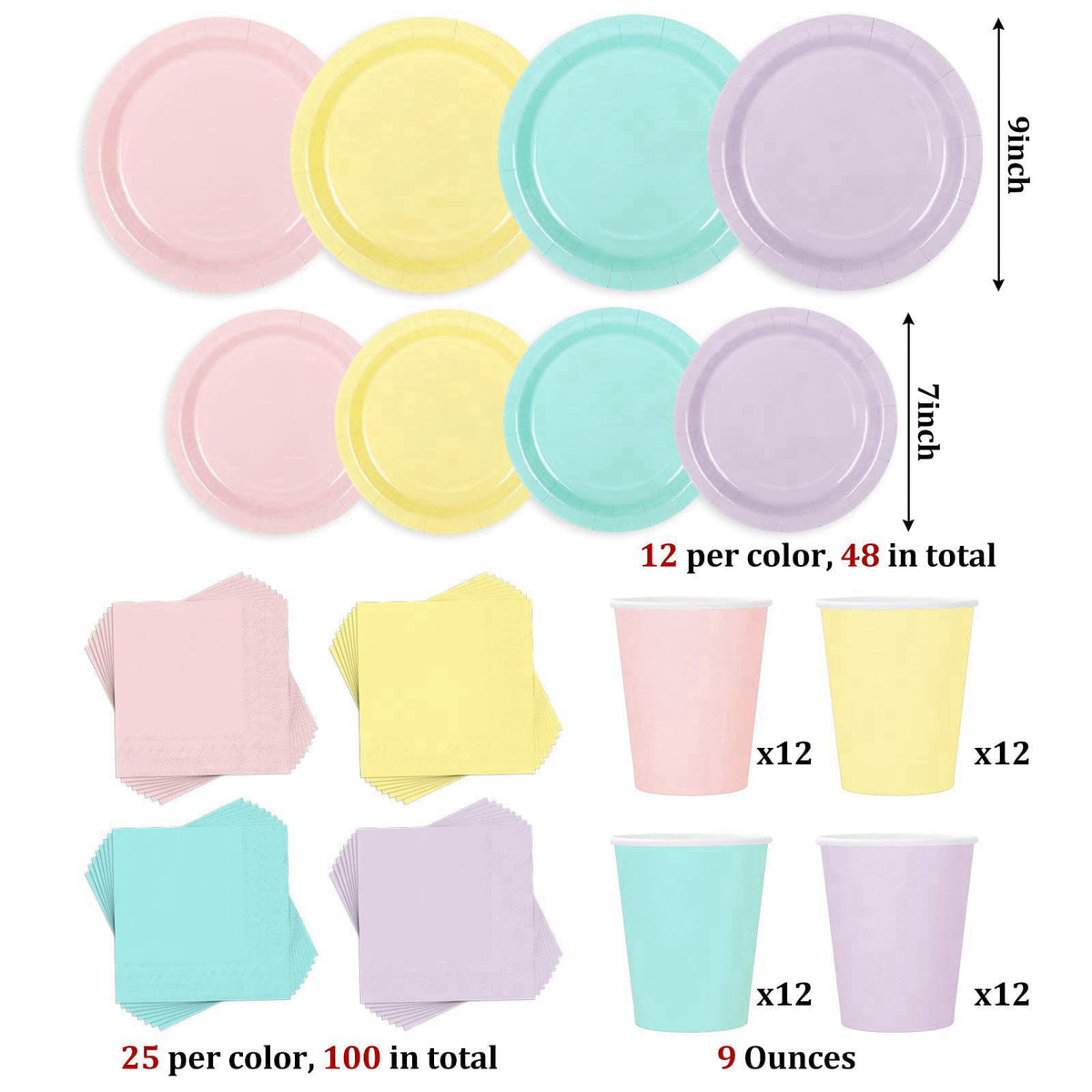 Whaline 244Pcs Pastel Rainbow Tableware Set Serves 48 4 Colors Disposable Dinnerware 48 9" Plates 48 7" Plate 48