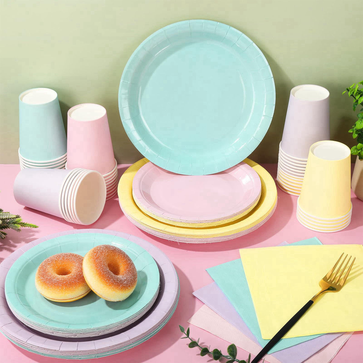 Whaline 244Pcs Pastel Rainbow Tableware Set Serves 48 4 Colors Disposable Dinnerware 48 9" Plates 48 7" Plate 48