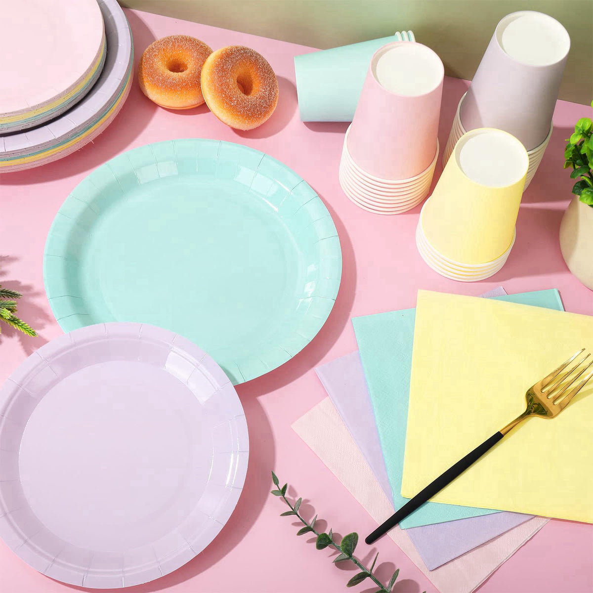 Whaline 244Pcs Pastel Rainbow Tableware Set Serves 48 4 Colors Disposable Dinnerware 48 9" Plates 48 7" Plate 48