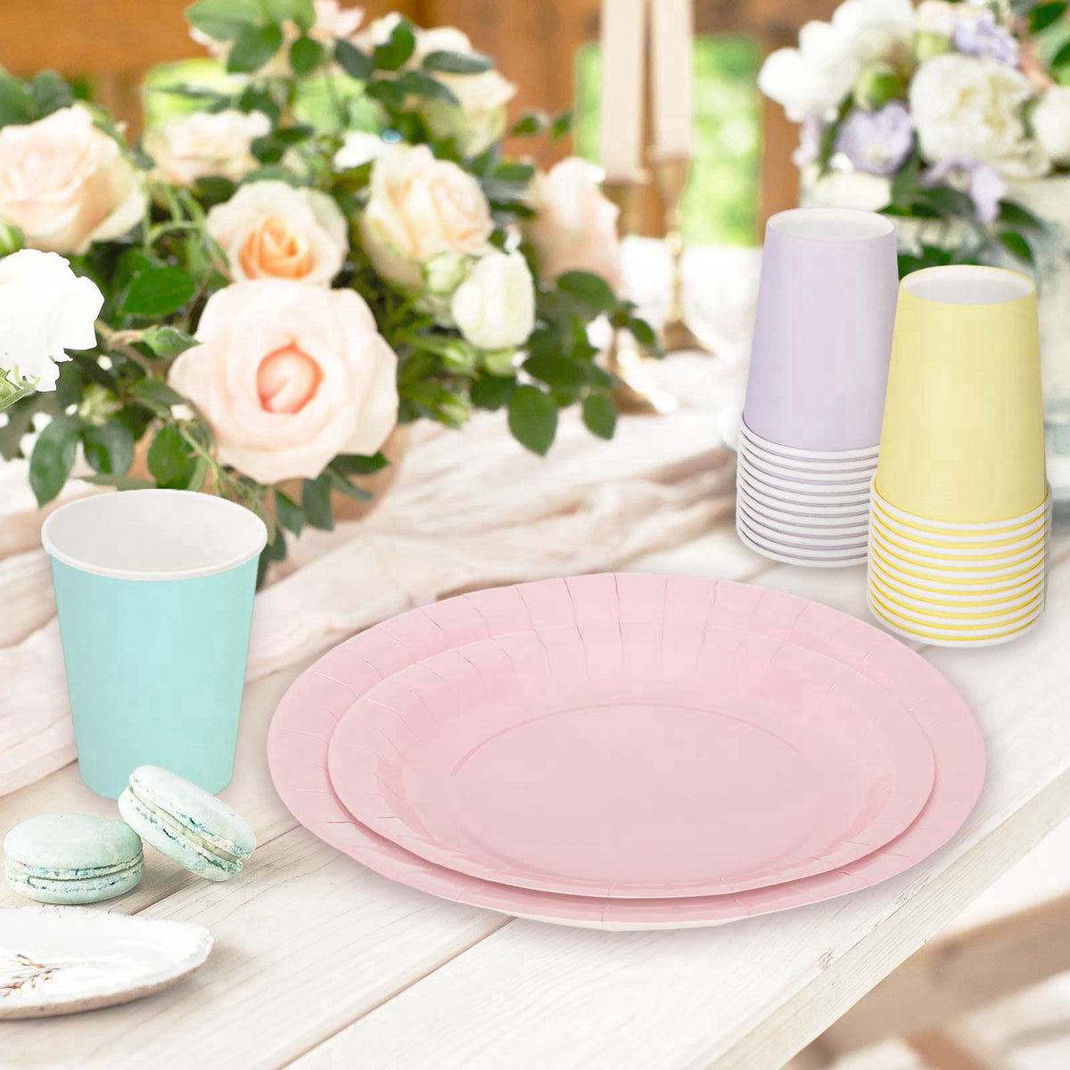 Whaline 244Pcs Pastel Rainbow Tableware Set Serves 48 4 Colors Disposable Dinnerware 48 9" Plates 48 7" Plate 48