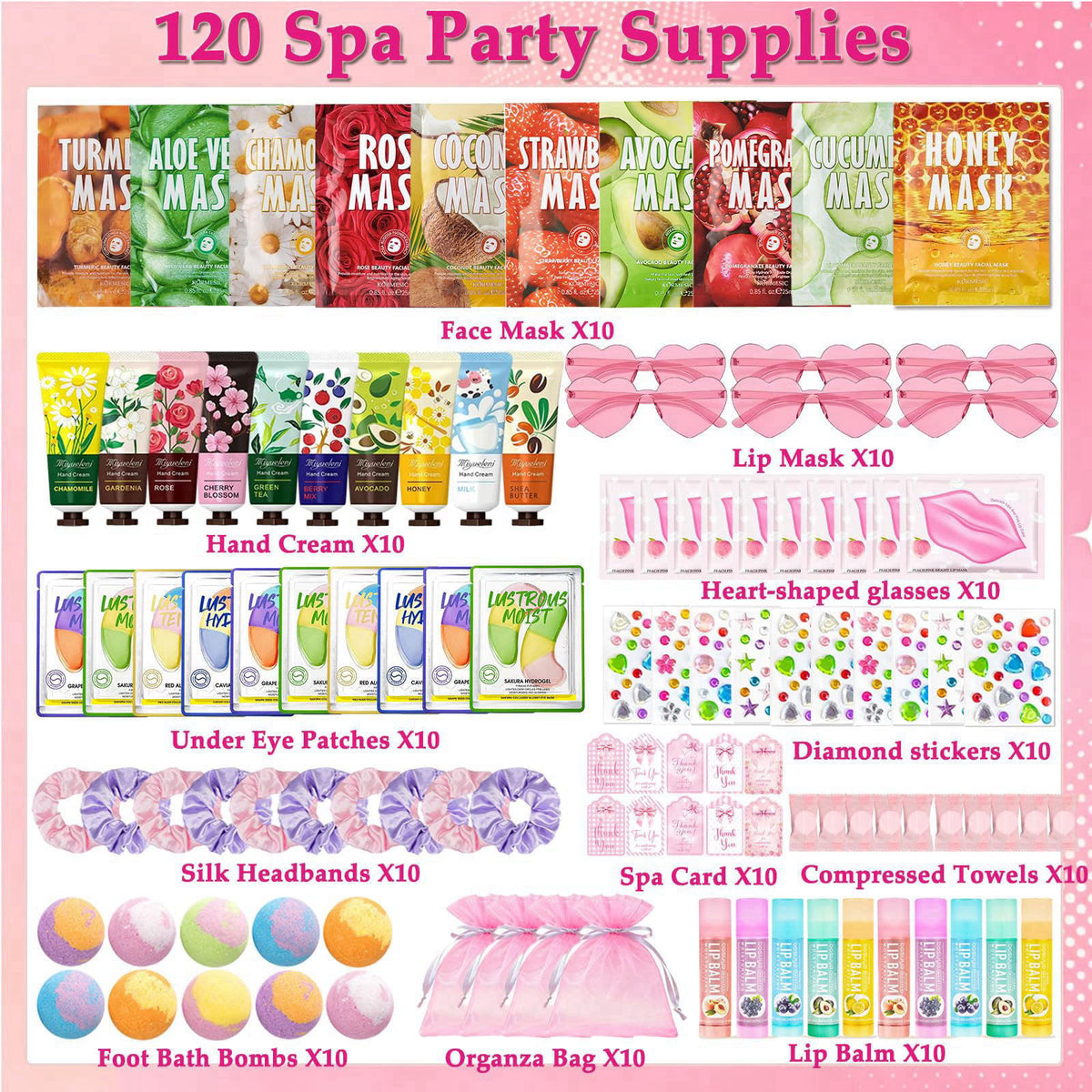 UUNZ 120 Pcs Spa Party Supplies for Girls, Spa Sleepover Birthday Supplies – packaging and label
