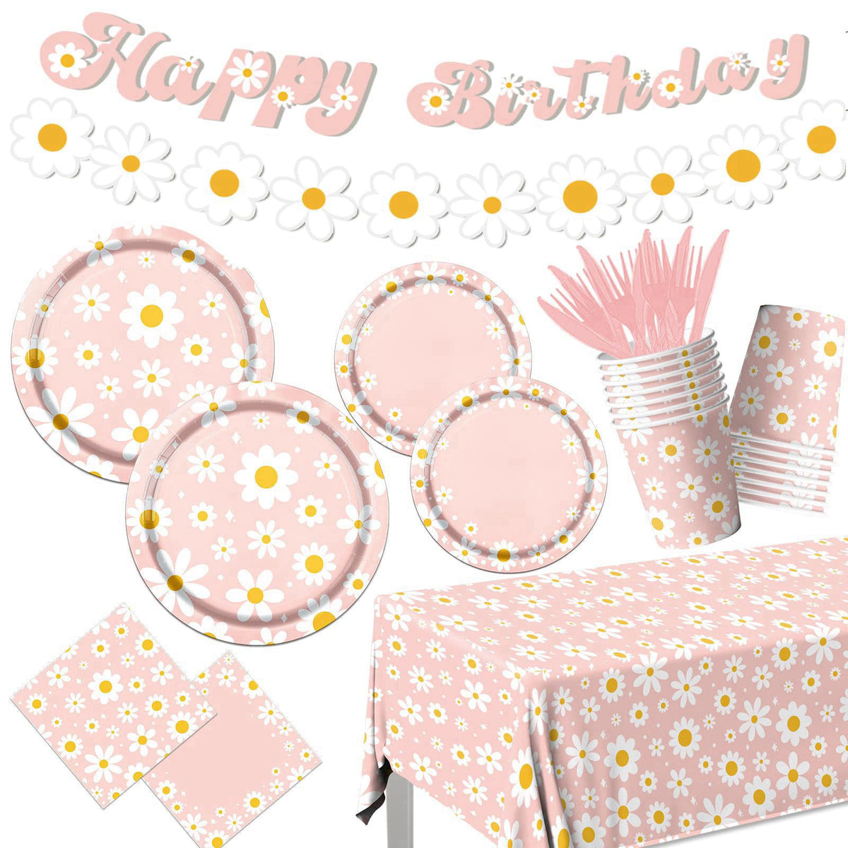 Bezkega 142PCS Daisy Birthday Party Tableware Set,Pink Groovy Daisy Flower Supplies Include Daisy Plates and Napkins Cup