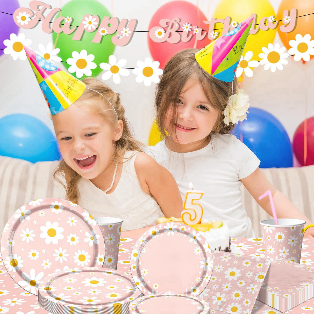Bezkega 142PCS Daisy Birthday Party Tableware Set,Pink Groovy Daisy Flower Supplies Include Daisy Plates and Napkins Cup