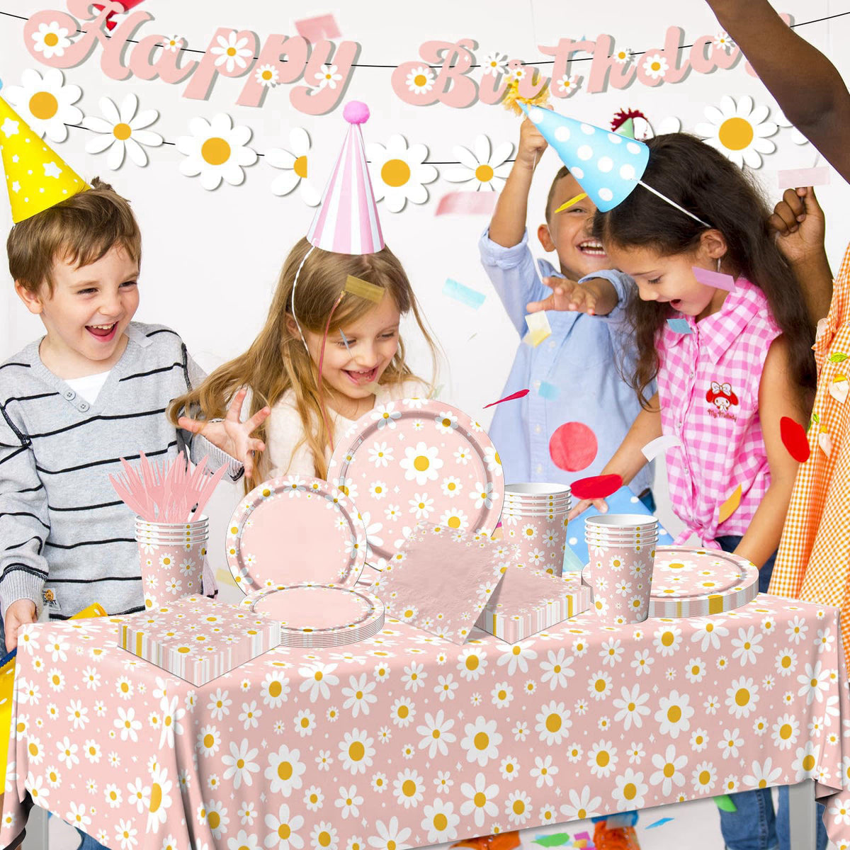 Bezkega 142PCS Daisy Birthday Party Tableware Set,Pink Groovy Daisy Flower Supplies Include Daisy Plates and Napkins Cup