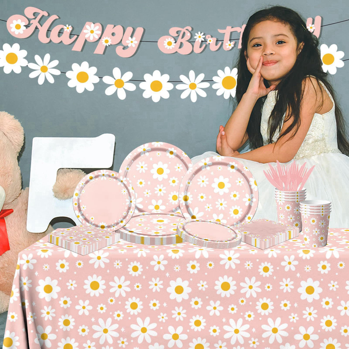Bezkega 142PCS Daisy Birthday Party Tableware Set,Pink Groovy Daisy Flower Supplies Include Daisy Plates and Napkins Cup