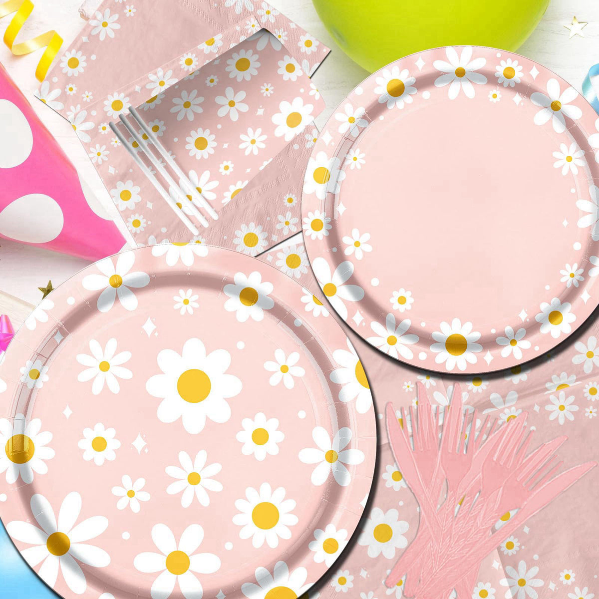 Bezkega 142PCS Daisy Birthday Party Tableware Set,Pink Groovy Daisy Flower Supplies Include Daisy Plates and Napkins Cup