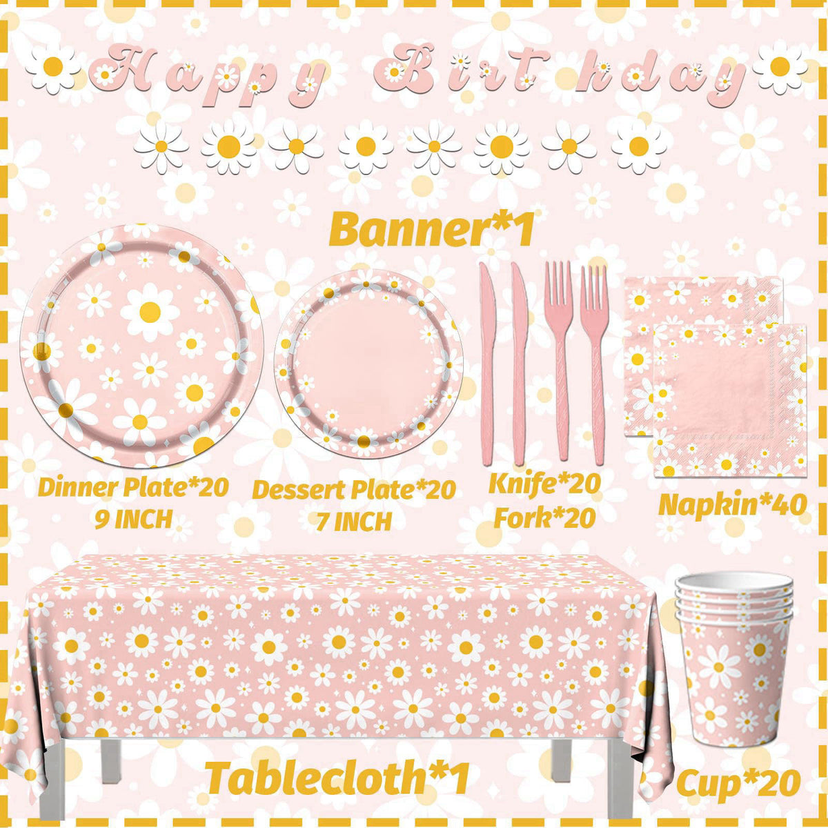Bezkega 142PCS Daisy Birthday Party Tableware Set,Pink Groovy Daisy Flower Supplies Include Daisy Plates and Napkins Cup