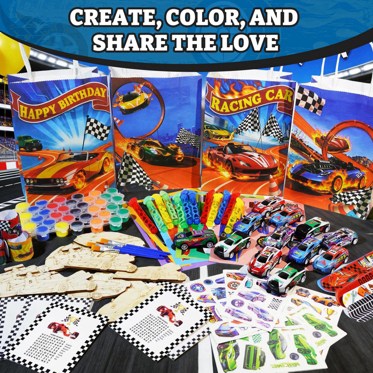 HandTool 120PCS Race Car Party Favors Set for Kids, Racing Party Supplies – packaging and label