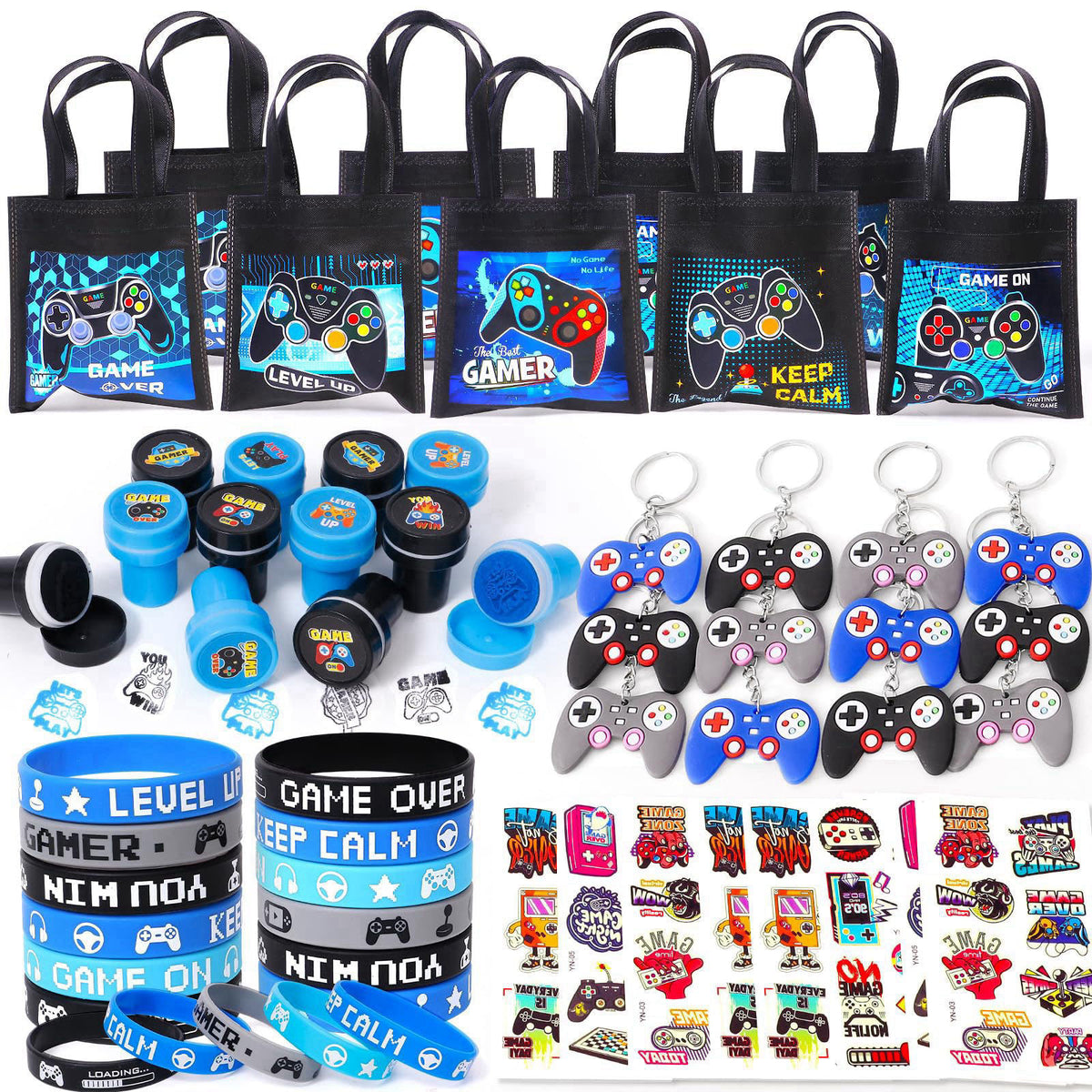 B Bascolor 60Pcs Video Game Party Favors Gamer Birthday Party Supplies for Kids Non Woven Bags Silicone Bracelet Stamper