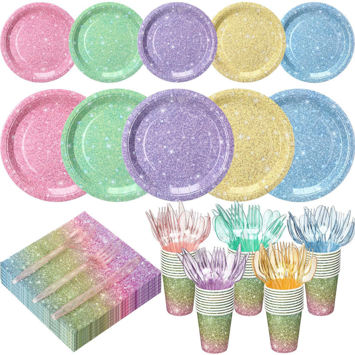Hushee 175 Pcs 25 Guests Pastel Rainbow Paper Party Plates and Cups Napkins Sets Holographic Glitter Disposable Dinnerwa