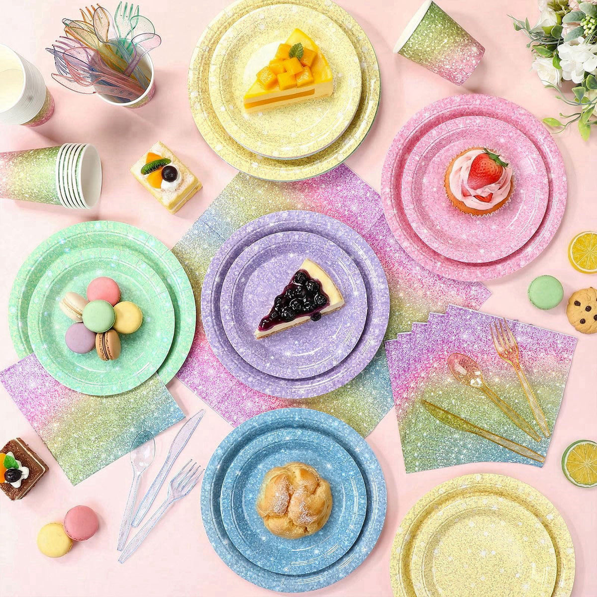 Hushee 175 Pcs 25 Guests Pastel Rainbow Paper Party Plates and Cups Napkins Sets Holographic Glitter Disposable Dinnerwa