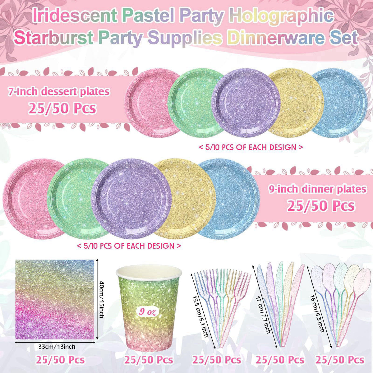 Hushee 175 Pcs 25 Guests Pastel Rainbow Paper Party Plates and Cups Napkins Sets Holographic Glitter Disposable Dinnerwa
