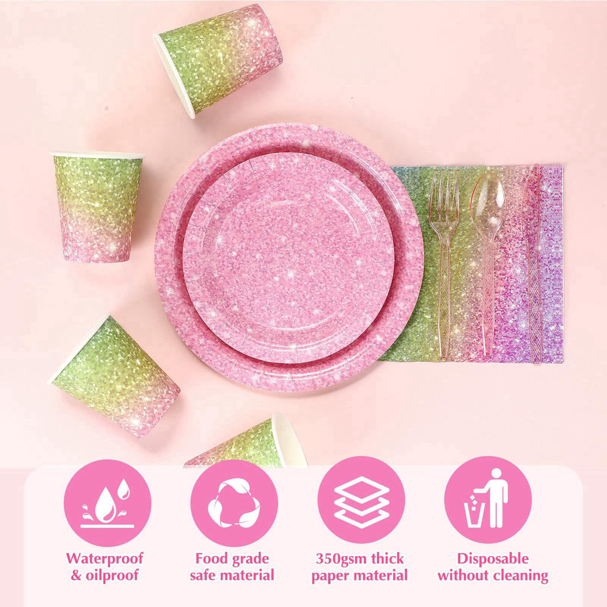Hushee 175 Pcs 25 Guests Pastel Rainbow Paper Party Plates and Cups Napkins Sets Holographic Glitter Disposable Dinnerwa