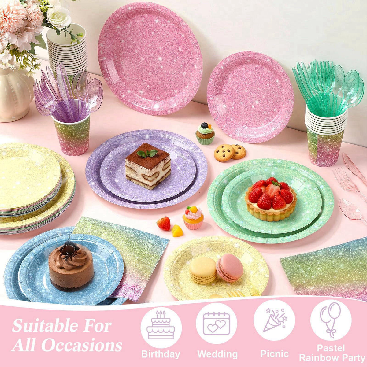 Hushee 175 Pcs 25 Guests Pastel Rainbow Paper Party Plates and Cups Napkins Sets Holographic Glitter Disposable Dinnerwa