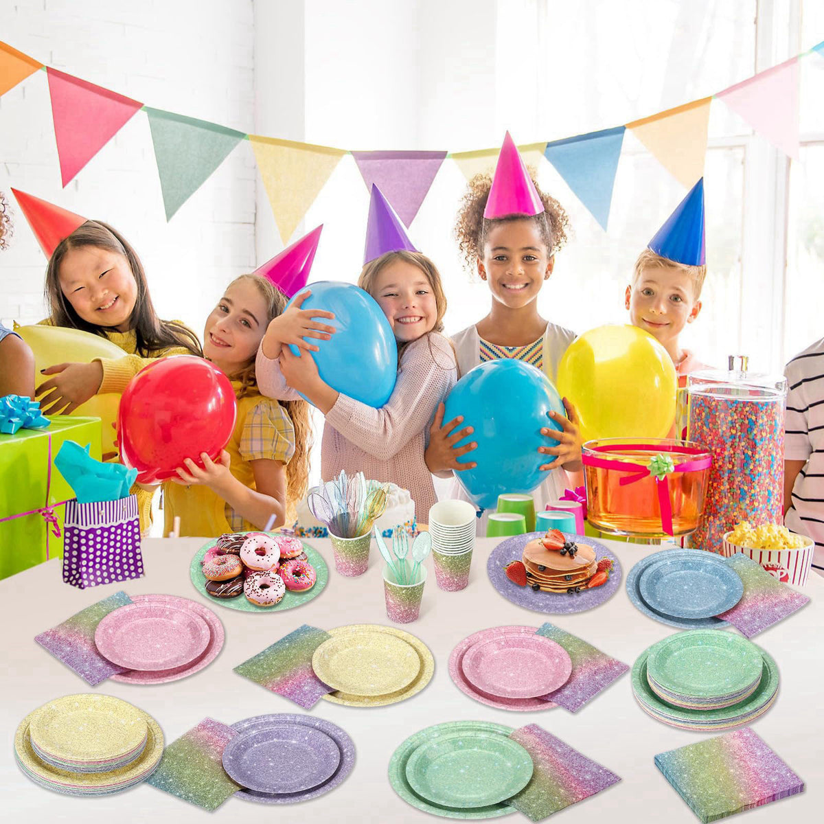 Hushee 175 Pcs 25 Guests Pastel Rainbow Paper Party Plates and Cups Napkins Sets Holographic Glitter Disposable Dinnerwa